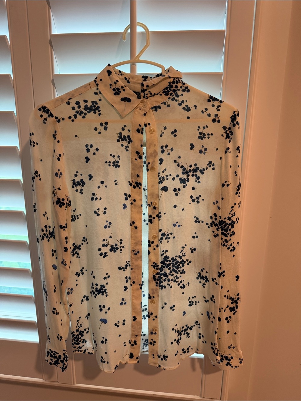 Cream Button-Up Blouse with Navy Floral Print